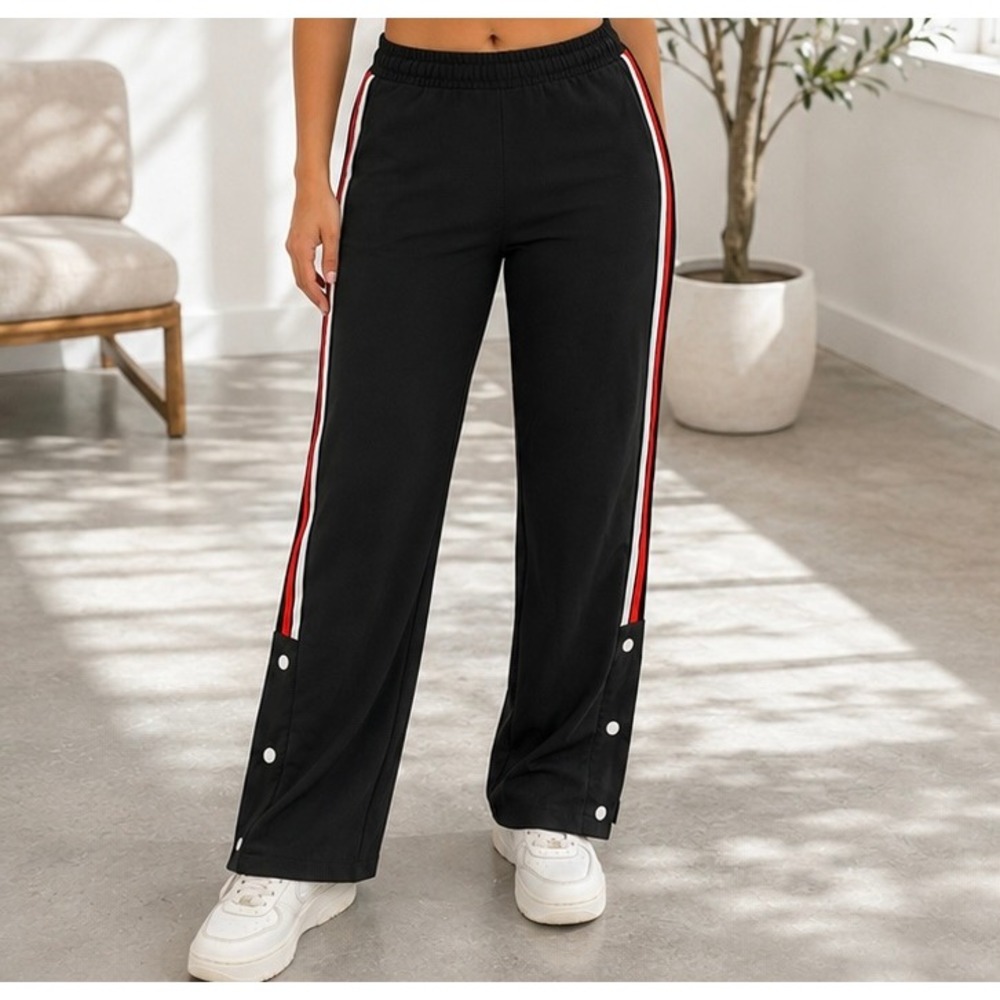 Womens Black Wide Leg Track Pants Red White Side Stripe Snap Button Size-S
